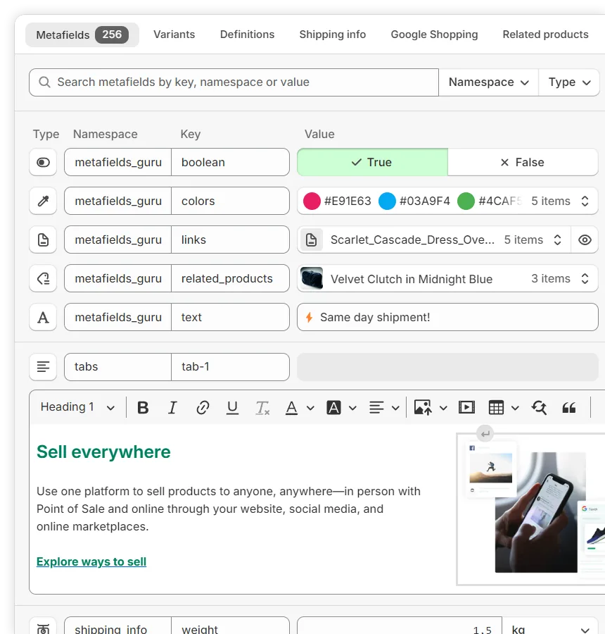 Metafields Guru advanced editor showing Shopify definitions, metafield sets, and the WYSIWYG HTML editor
