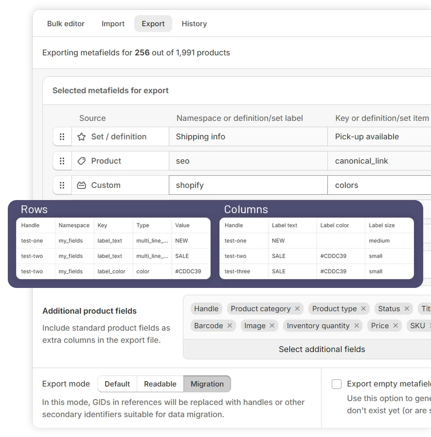 Metafields Guru CSV export screen for exporting Shopify metafields and metaobjects