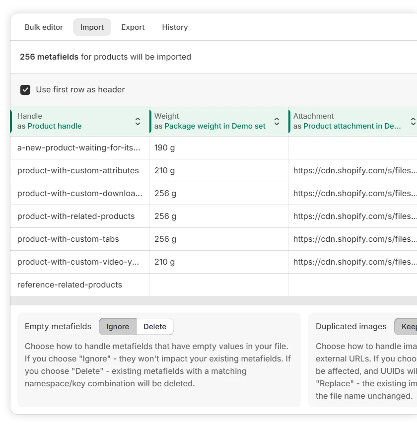 Metafields Guru CSV import screen for bulk-importing Shopify metafields